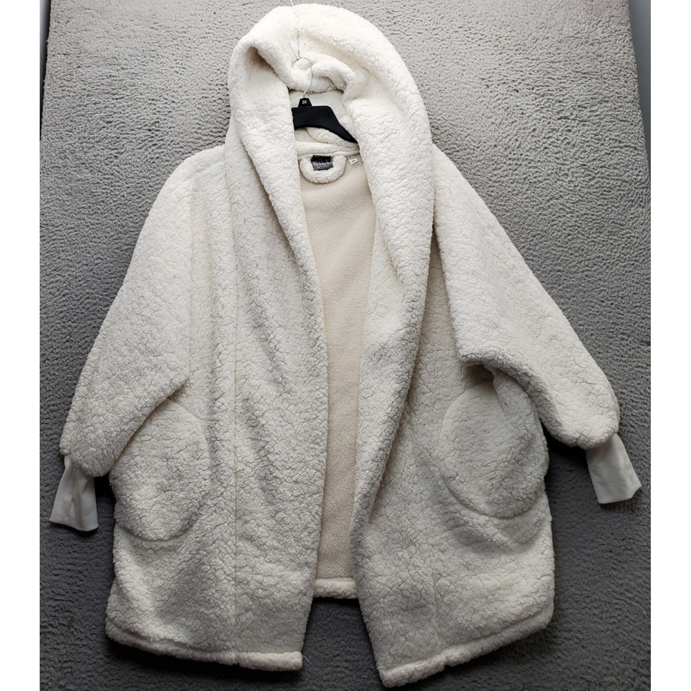 G.I.L.I. Jacket Womens Petite M/L White Faux Fur Sherpa Hooded Thumbholes Sleeve